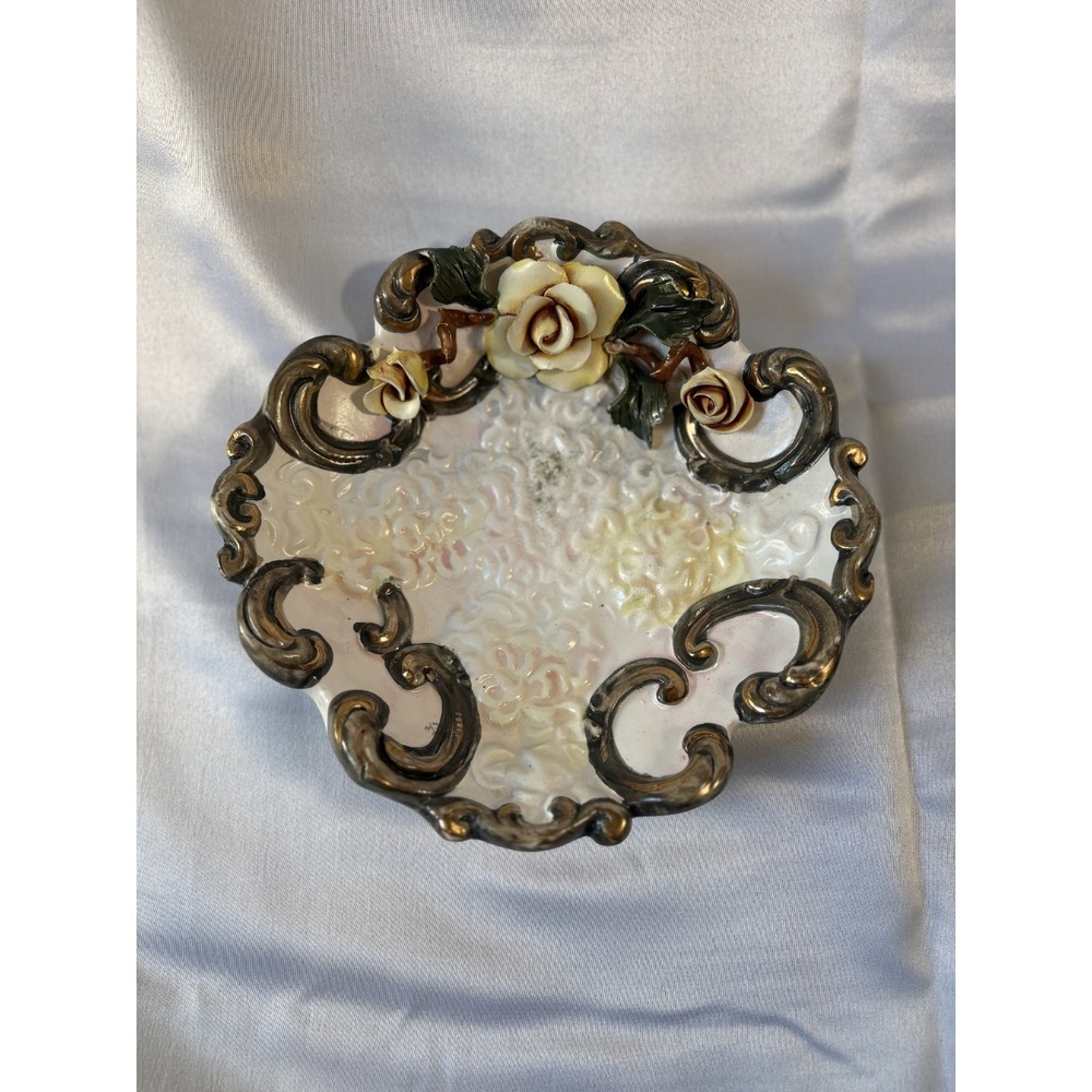 Vintage Decorative Flower Plate 3D Yellow Rose +Gold Ornate Edge 7 1/4" Handmade